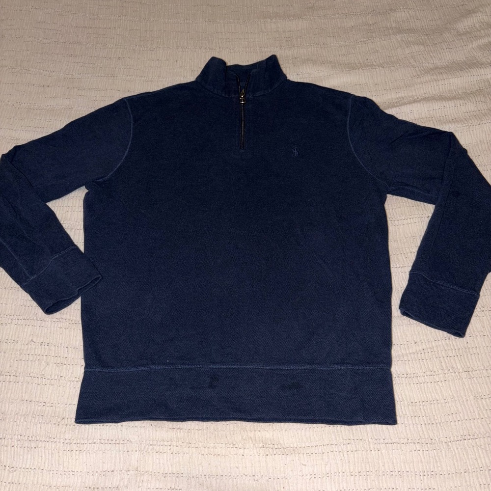 Polo Ralph Lauren Mens Navy Blue Herringbone Quarter Zip Pullover Small